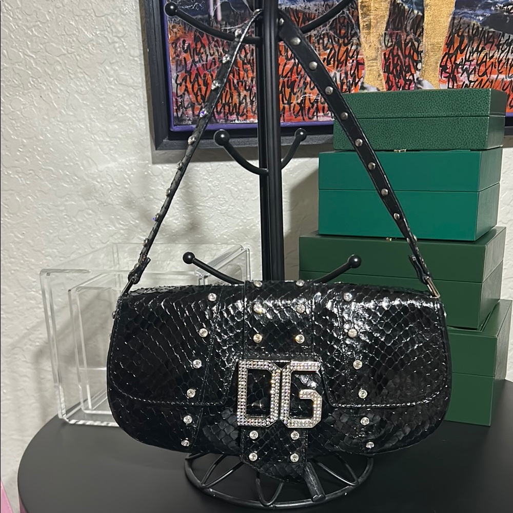 DOLCE & GABBANA VINTAGE black python with crystals shoulder bag